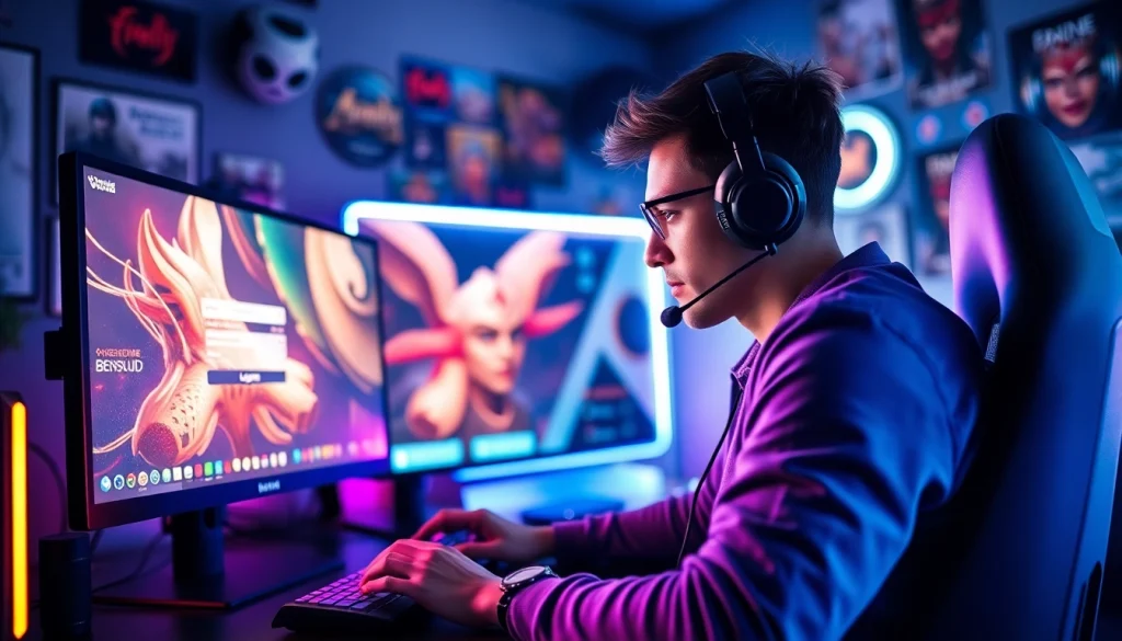 Masuk ke bensu4d login game dengan gamer berfokus di ruangan gaming yang stylish.