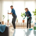Cleaning Service team actively tidying up a modern living room with professional tools.