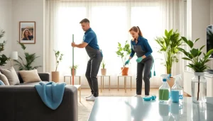 Cleaning Service team actively tidying up a modern living room with professional tools.