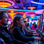Permainan bro138 slot yang menarik dengan mesin slot berwarna cerah dan pemain antusias di kasino.