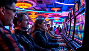 Permainan bro138 slot yang menarik dengan mesin slot berwarna cerah dan pemain antusias di kasino.