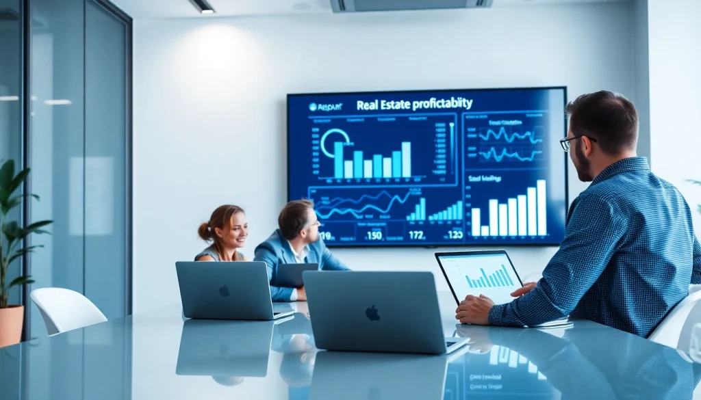 A business team collaborates on analyzing real estate profitability with advanced data tools.