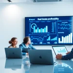 A business team collaborates on analyzing real estate profitability with advanced data tools.