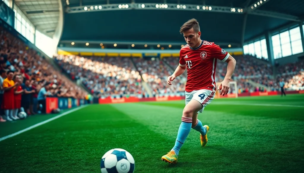 Seamus Coleman showcasing skill in a live soccer match at https://diknews.co.uk/seamus-coleman/ with enthusiastic fans.