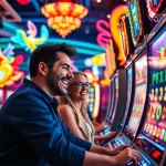 Mainan slot dengan mesin berwarna cerah dan suasana kasino yang meriah.