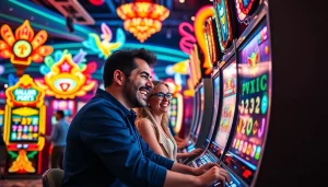 Mainan slot dengan mesin berwarna cerah dan suasana kasino yang meriah.