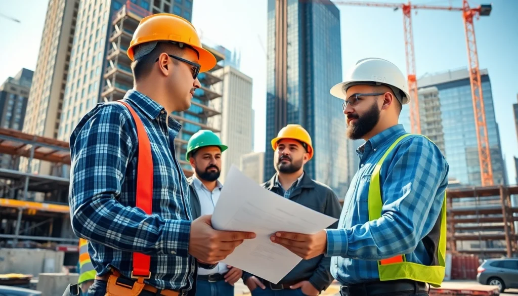 New York City Construction Manager collaborating with a team at a dynamic construction site.