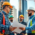 New York City Construction Manager collaborating with a team at a dynamic construction site.