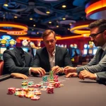 Engaged gamblers strategizing at the poker table in a lively casino atmosphere, showcasing https://mm88.vegas/ excitement.