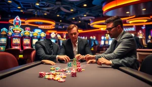 Engaged gamblers strategizing at the poker table in a lively casino atmosphere, showcasing https://mm88.vegas/ excitement.