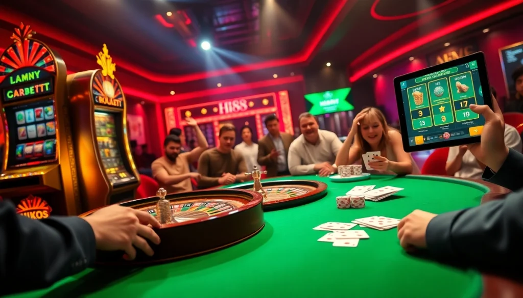 Experience the thrilling atmosphere of Hi88 casino gaming with a vibrant scene of players enjoying roulette and poker.