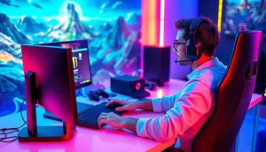 Masukkan scater4d login game dengan gamer bersemangat dan komputer gaming di latar belakang