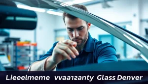 Install Lifetime warranty auto glass Denver with skilled technician in a modern workshop environment.