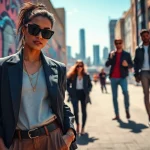 Stylish fashion model presenting apparel at https://www.northernfashions.com with vibrant urban backdrop.
