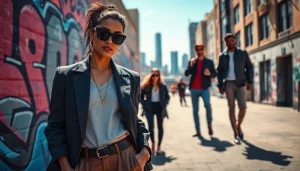 Stylish fashion model presenting apparel at https://www.northernfashions.com with vibrant urban backdrop.