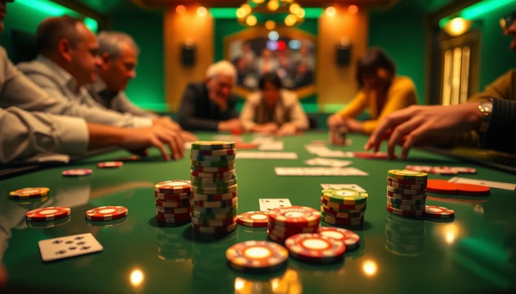 Main players engaging in the Domino88 poker game with colorful chips and a vibrant atmosphere.