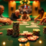 Main players engaging in the Domino88 poker game with colorful chips and a vibrant atmosphere.