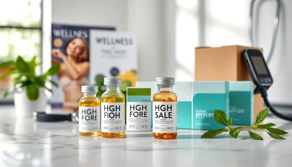 Shop quality HGH FOR SALE with beautifully arranged health products on a marble countertop.
