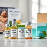 Shop quality HGH FOR SALE with beautifully arranged health products on a marble countertop.