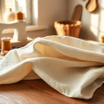 Verken het ongebleekt katoen op een houten tafel met naaiaccessoires en een warme uitstraling.