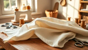 Verken het ongebleekt katoen op een houten tafel met naaiaccessoires en een warme uitstraling.