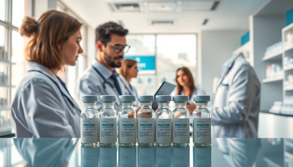 Engaging in buying peptides online with modern pharmacy tools and vials in a professional setting.