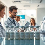 Engaging in buying peptides online with modern pharmacy tools and vials in a professional setting.