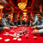 Mainkan Domino88 poker game di meja dengan suasana meriah dan pemain yang bersemangat.