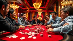 Mainkan Domino88 poker game di meja dengan suasana meriah dan pemain yang bersemangat.