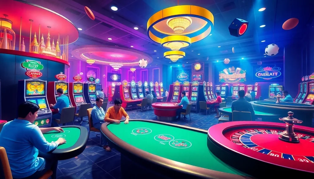 The lively casino scene at KJC AC 1 showcasing players engaged at tables and slot machines.