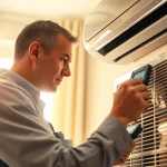 Heating and air conditioning technician adjusting system at https://nobleheatingairservices.com, showcasing expertise and reliability.