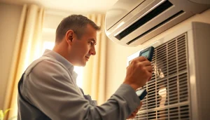 Heating and air conditioning technician adjusting system at https://nobleheatingairservices.com, showcasing expertise and reliability.