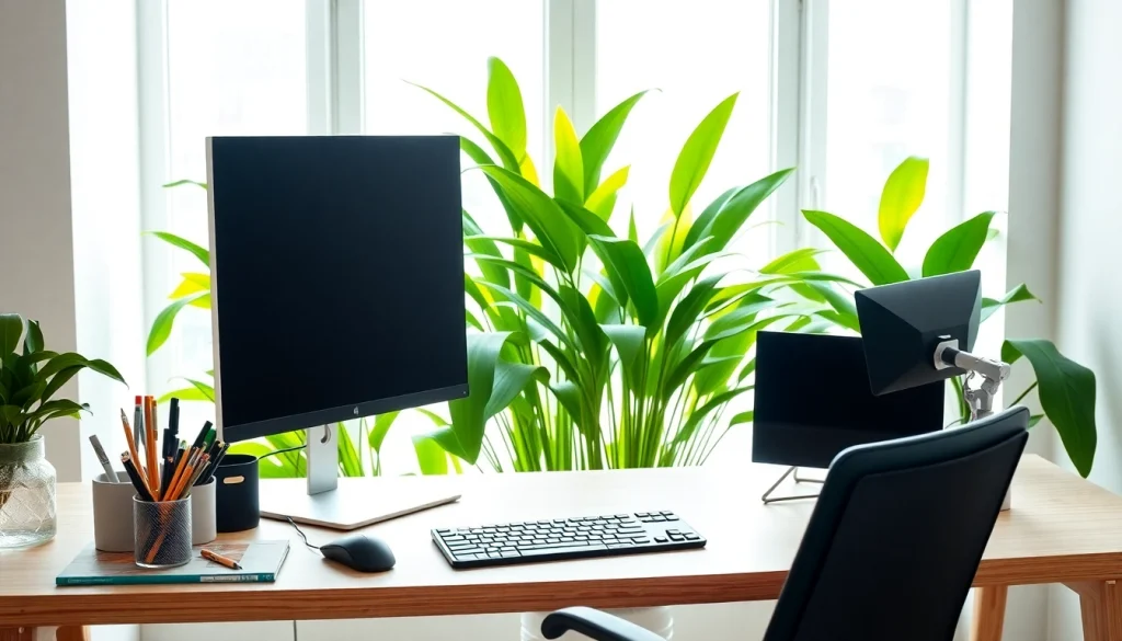 Efficient typing center setup with ergonomic equipment and greenery enhancing productivity.