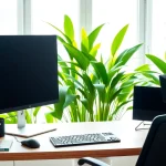 Efficient typing center setup with ergonomic equipment and greenery enhancing productivity.