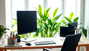 Efficient typing center setup with ergonomic equipment and greenery enhancing productivity.