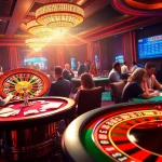 Excited players at a vibrant casino floor enjoying games from mm88.com, featuring poker, roulette, and slot machines.