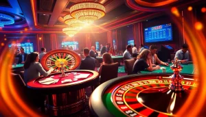 Excited players at a vibrant casino floor enjoying games from mm88.com, featuring poker, roulette, and slot machines.