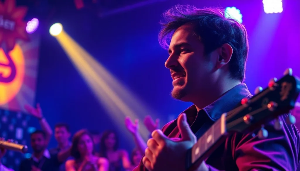 Engaging kooralive musician performing on stage with vibrant lighting effects.