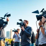 Capture action of Video Production Company Phoenix filming a corporate event against the Phoenix skyline.
