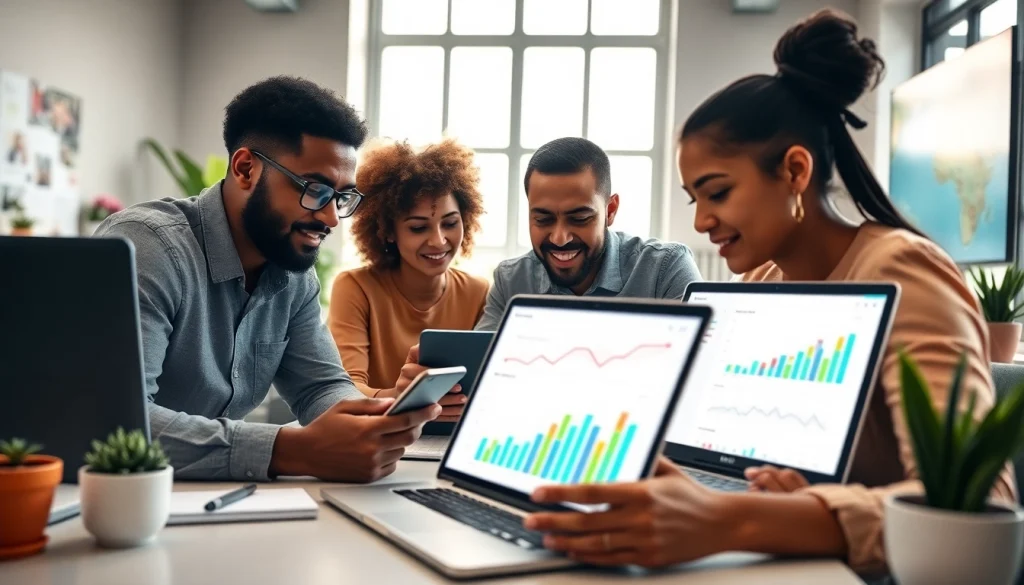 Analyze TikTok SMM panel strategies with a diverse digital marketing team in a modern workspace.