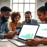 Analyze TikTok SMM panel strategies with a diverse digital marketing team in a modern workspace.