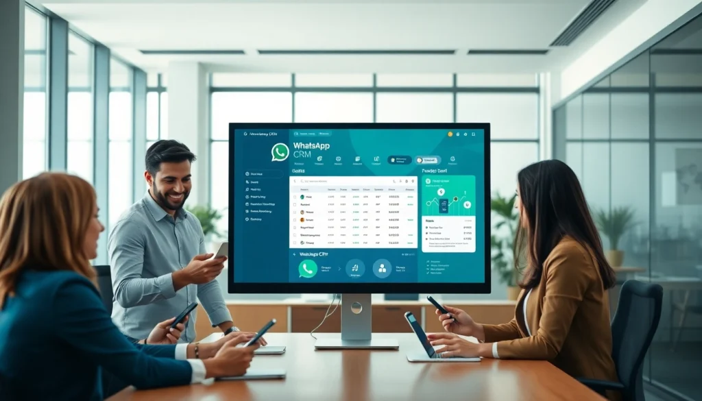 Engaging scene illustrating What is a CRM for WhatsApp in a modern office with team collaboration.