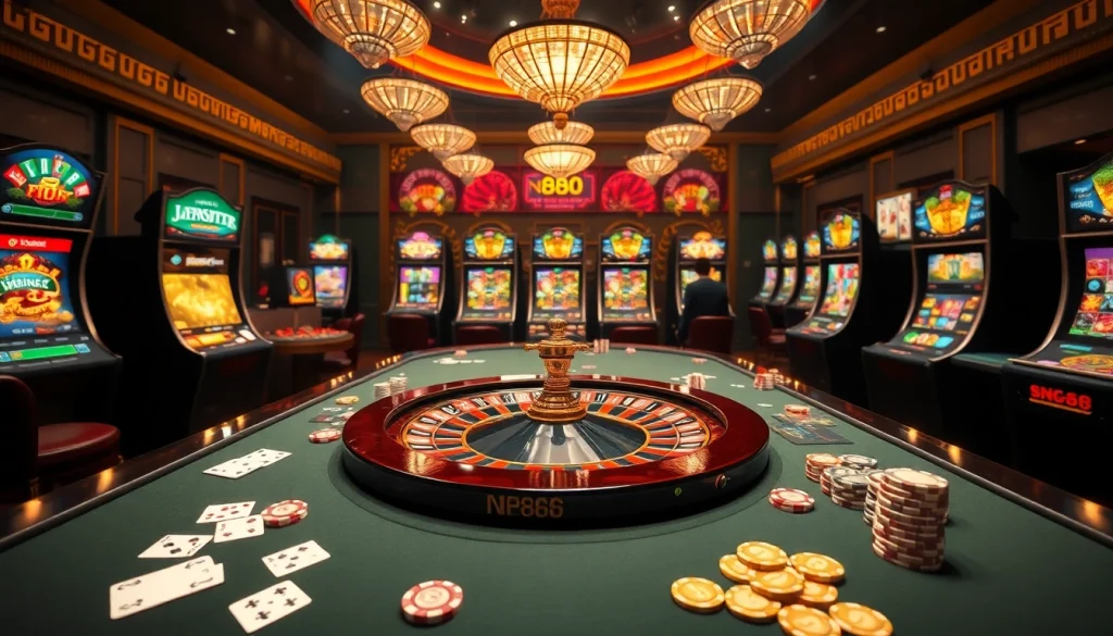 Experience the exhilarating atmosphere of SN888 with a vibrant casino scene, featuring roulette and poker games.