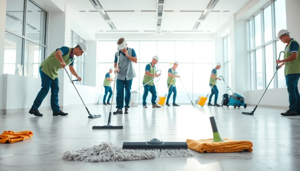Post construction cleaning professionals ensuring a pristine workspace with specialized equipment.