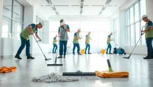 Post construction cleaning professionals ensuring a pristine workspace with specialized equipment.