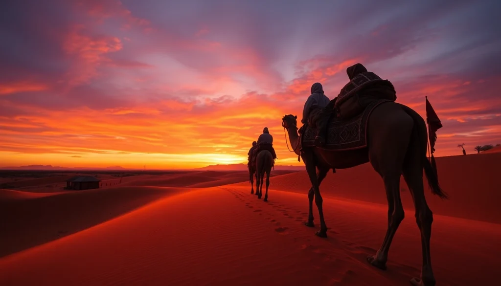 Agafay Desert camel ride at sunset with scenic dune backdrop and camels.