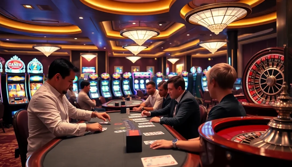 A thrilling casino scene with players engaged in poker at new66, showcasing excitement and professionalism.