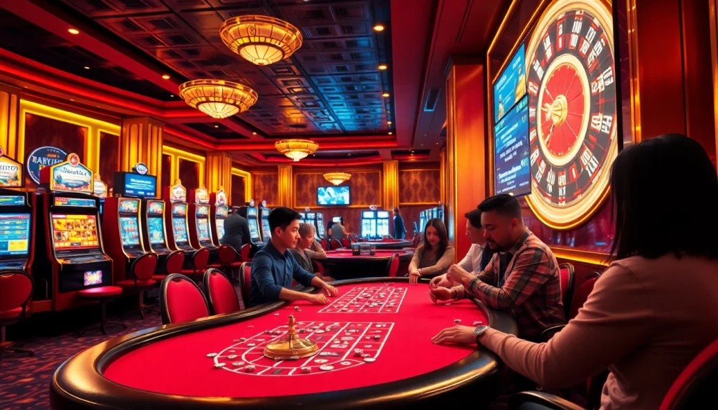Engaging in an exciting game of Birutoto at a luxurious casino with vibrant slot machines.