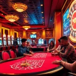 Engaging in an exciting game of Birutoto at a luxurious casino with vibrant slot machines.