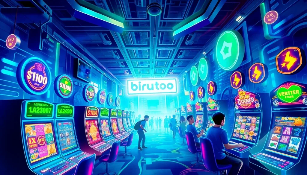 Jelajahi lanskap permainan online Birutoto yang hidup, menampilkan mesin slot berwarna-warni dan interaksi pengguna yang menarik.
